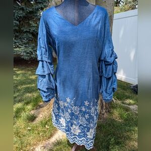 Chetta B Embroidery Lace Dress Size 14 Denim Ruffle Sleeve Lined EUC Classic
